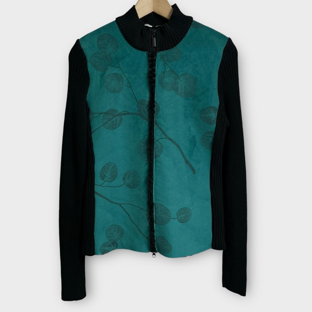 Robert Kitchen Canada Green Sueded Leaf Print Jacket Women's Small Botanical
